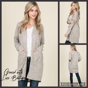 Sand color cardigan with elbow patches